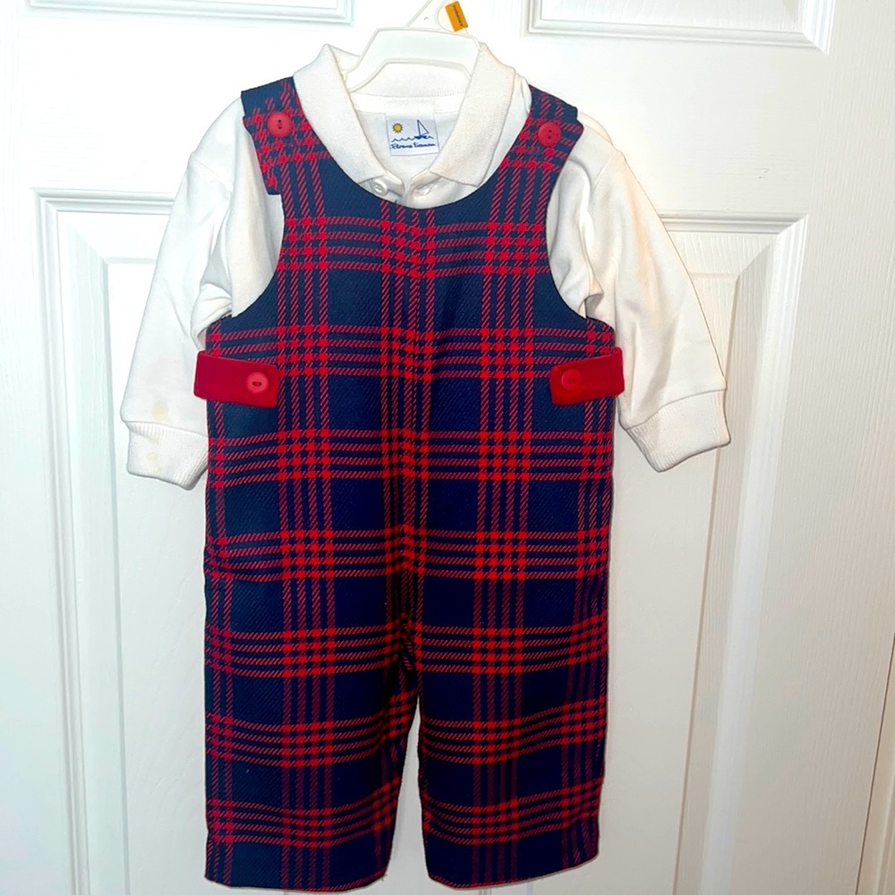 Adorable infant plaid romper and in navy blue and red